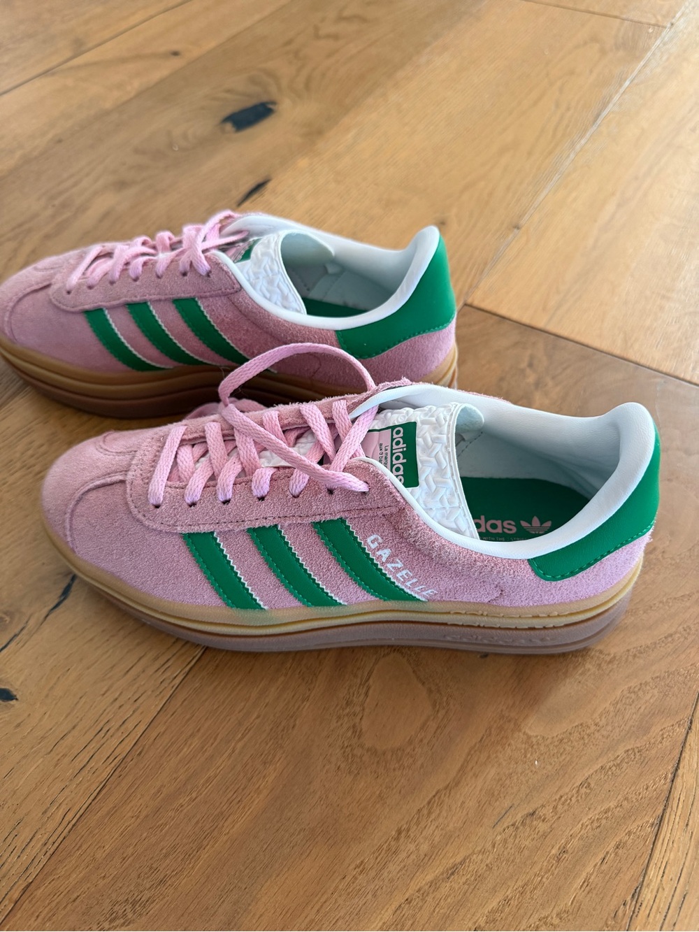 adidas Kids Pink Suede Sneakers with Green Stripes